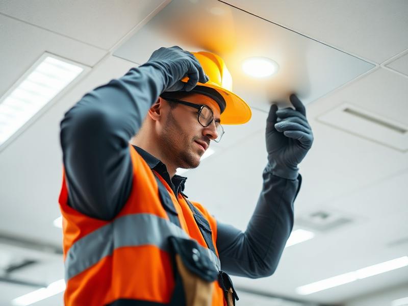 Electrician installing LED ceiling light