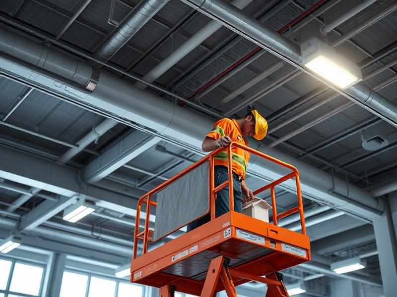 Electrician on lift installing conduit
